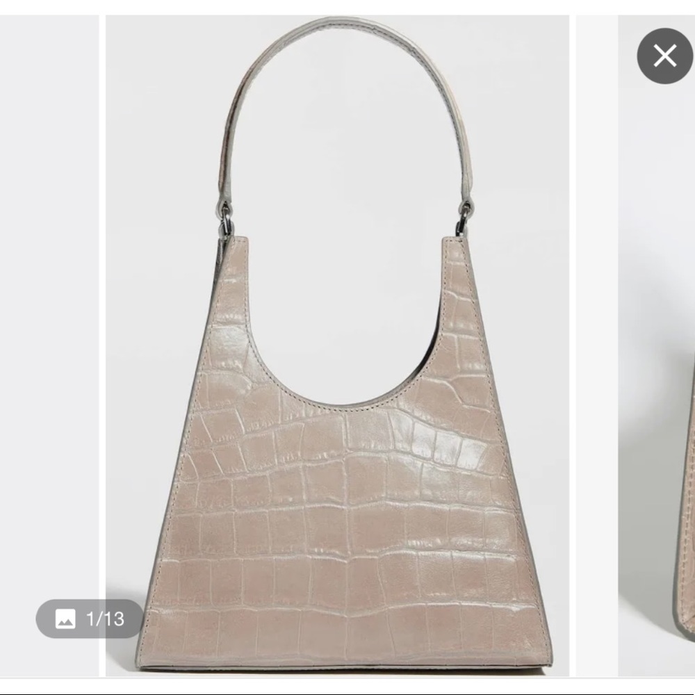 STAUD Rey Croc Embossed Leather Shoulder Bag in French Gray
